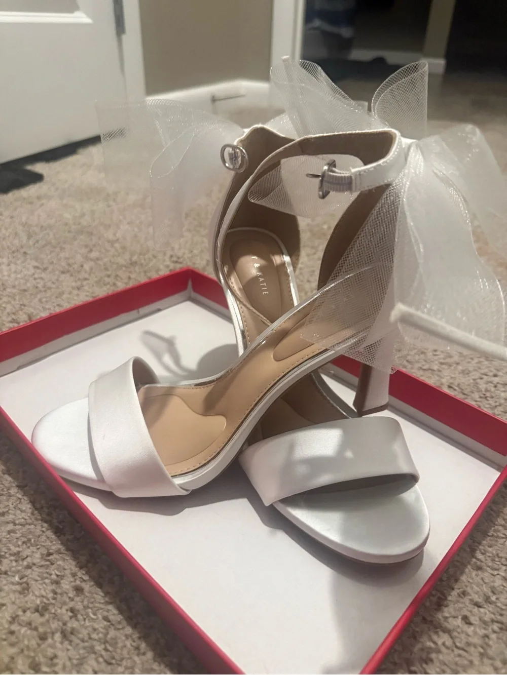 Kelly & Katie White Satin Ankle-Tie Heels with Tulle Bows